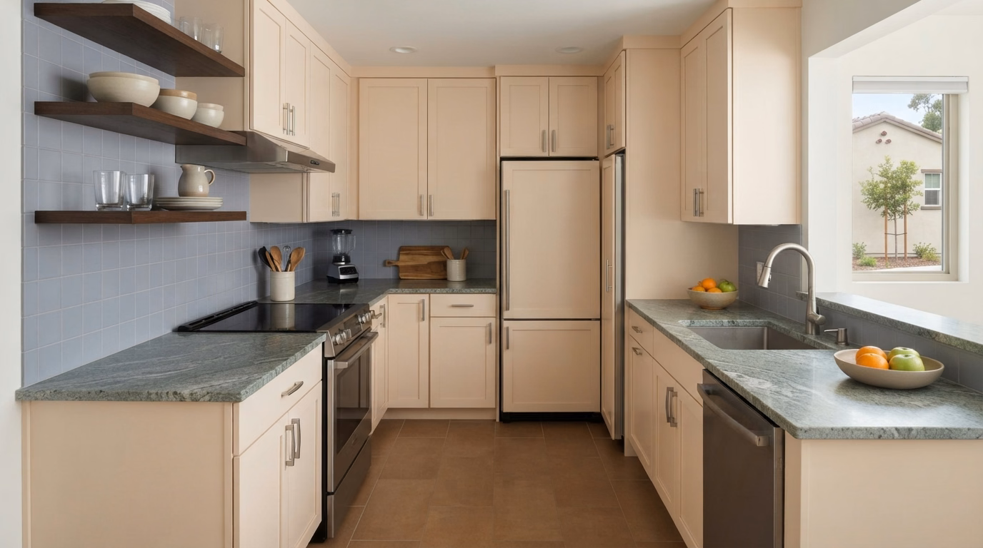 Open Shelving for Small Kitchens | San Diego County Open shelving for a small kitchen in San Diego County.
