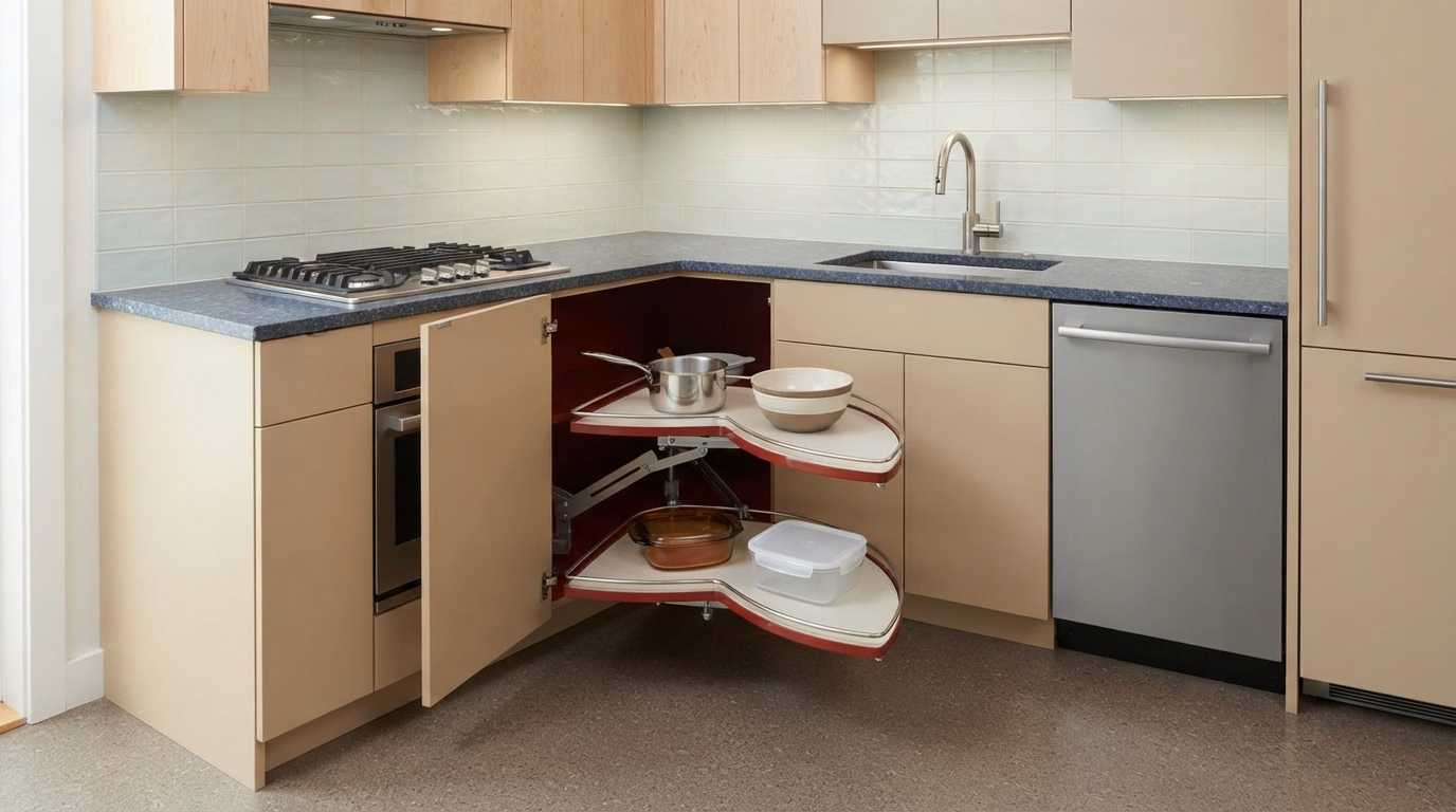 Pull-Out Corner Storage for Small Kitchens | San Diego County Pull-out corner storage for a small kitchen in San Diego County.