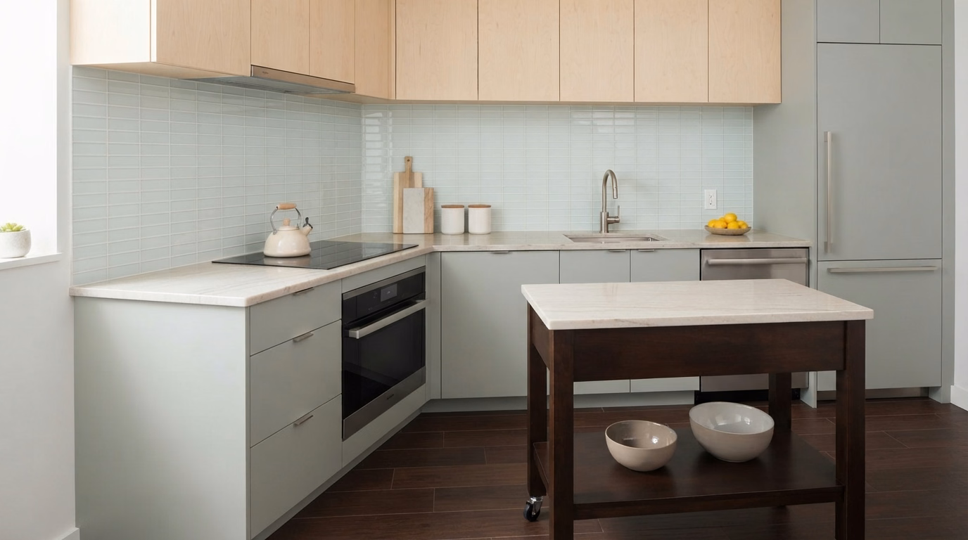 Reflective Backsplash and Countertops | San Diego County Reflective backsplash and countertops for a small kitchen in San Diego County.